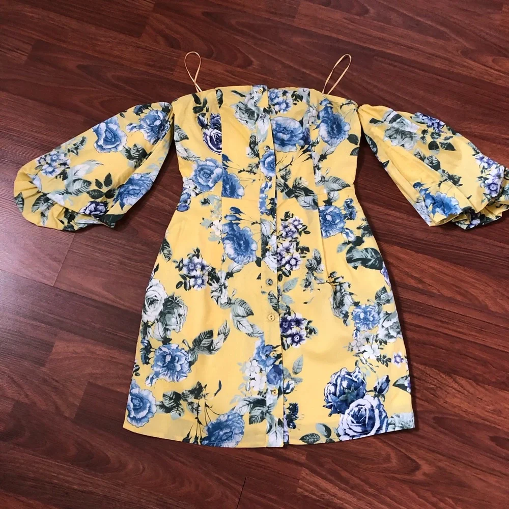 JOA Floral Mini Off Shoulder Bubble Sleeve Dress XS Yellow New - Picture 3 of 8